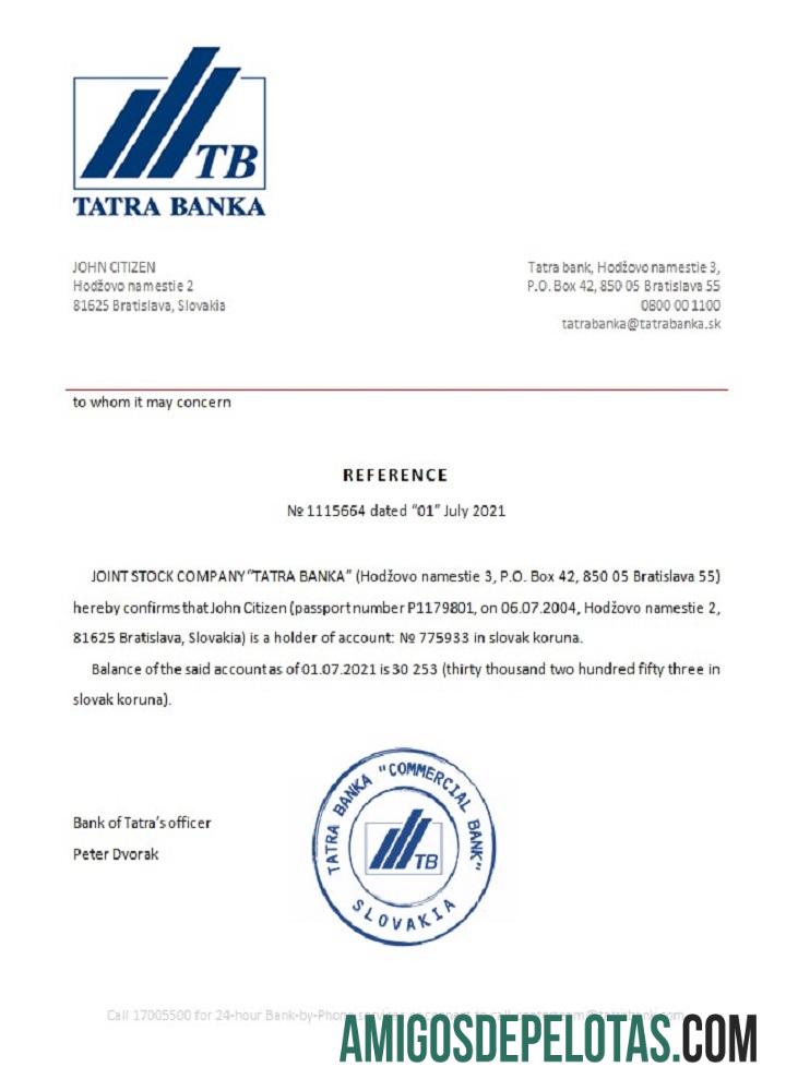 Referência do Banco Tatra da Eslováquia baixar para verificação